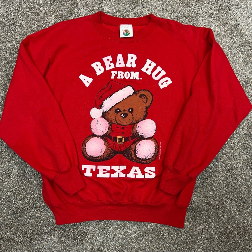 Vintage 90s sweater mens medium red teddy bear Texas hoodie crewneck made in USA